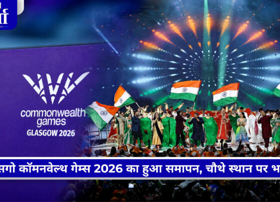 कॉमनवेल्थ गेम्स 2026 में भारतीय खिलाड़ियों का जश्न, 39 पदकों के साथ चौथे स्थान पर भारत की प्रतीकात्मक तस्वीर