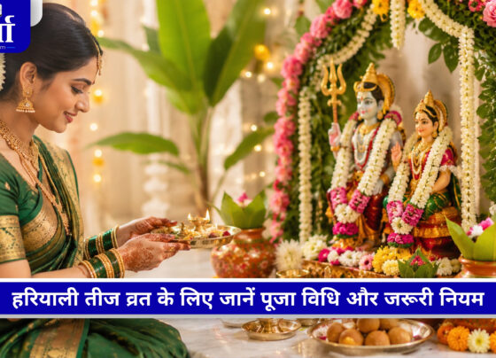 Hariyali Teej 2026 व्रत पूजा में शिव-पार्वती की आराधना करती महिला