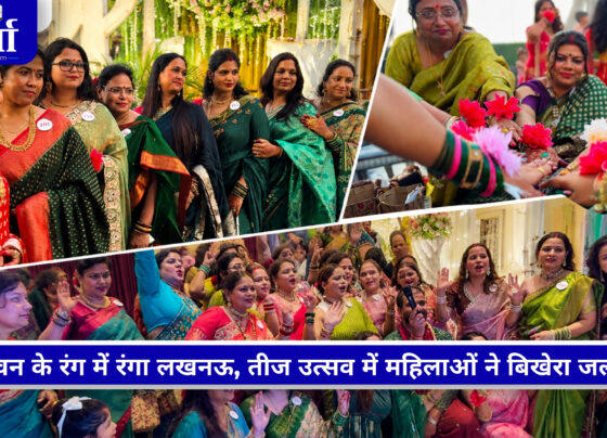 Celestial Manor Lucknow में हरियाली तीज उत्सव के दौरान रैंप वॉक करती महिलाएं