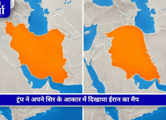 ईरान के नक्शे को ट्रंप के चेहरे के आकार में दिखाती तस्वीर